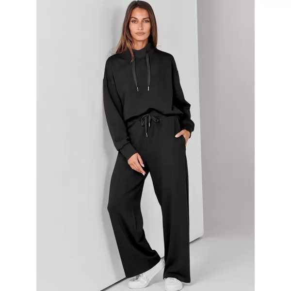 imageANRABESS Womens 2 Piece Outfits Sweatsuit Set 2023 Fall Drawstring Sweatshirt Wide Leg Sweatpant Lounge Set TracksuitBlack