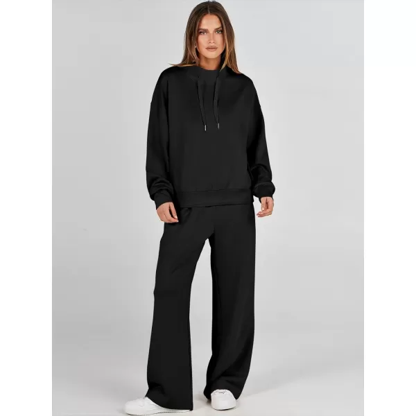 imageANRABESS Womens 2 Piece Outfits Sweatsuit Set 2023 Fall Drawstring Sweatshirt Wide Leg Sweatpant Lounge Set TracksuitBlack