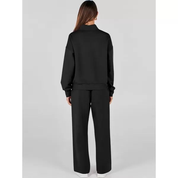 imageANRABESS Womens 2 Piece Outfits Sweatsuit Set 2023 Fall Drawstring Sweatshirt Wide Leg Sweatpant Lounge Set TracksuitBlack