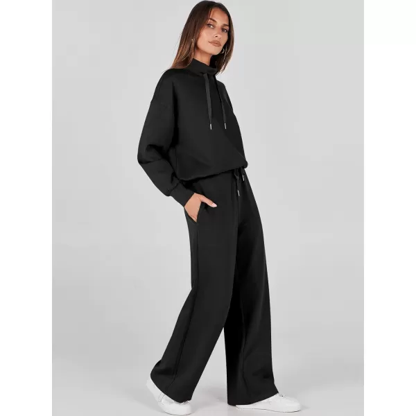 imageANRABESS Womens 2 Piece Outfits Sweatsuit Set 2023 Fall Drawstring Sweatshirt Wide Leg Sweatpant Lounge Set TracksuitBlack