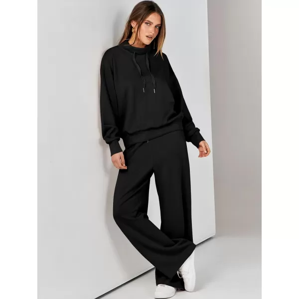 imageANRABESS Womens 2 Piece Outfits Sweatsuit Set 2023 Fall Drawstring Sweatshirt Wide Leg Sweatpant Lounge Set TracksuitBlack