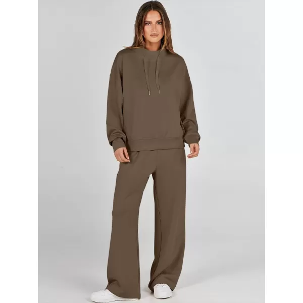 imageANRABESS Womens 2 Piece Outfits Sweatsuit Set 2023 Fall Drawstring Sweatshirt Wide Leg Sweatpant Lounge Set TracksuitBrown