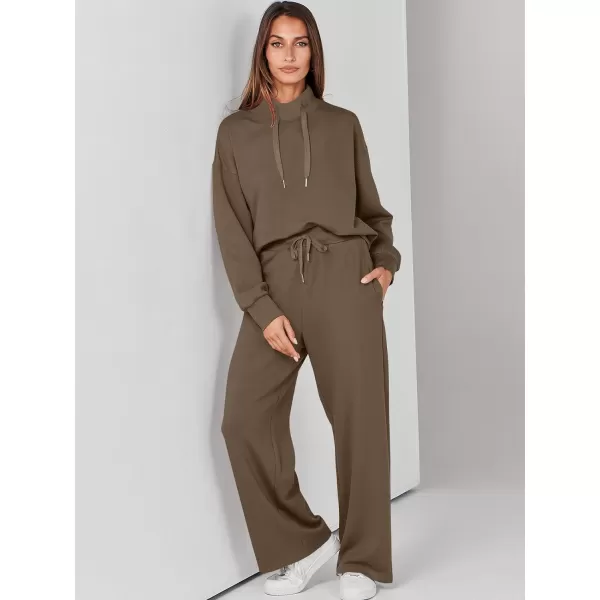 imageANRABESS Womens 2 Piece Outfits Sweatsuit Set 2023 Fall Drawstring Sweatshirt Wide Leg Sweatpant Lounge Set TracksuitBrown