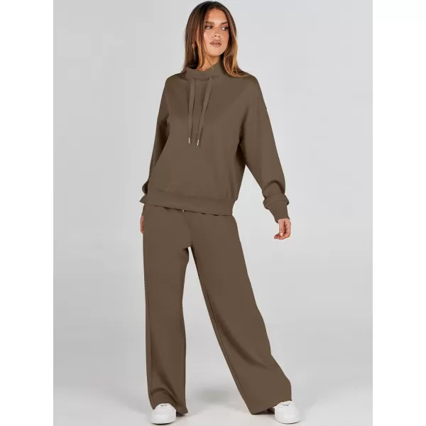 imageANRABESS Womens 2 Piece Outfits Sweatsuit Set 2023 Fall Drawstring Sweatshirt Wide Leg Sweatpant Lounge Set TracksuitBrown