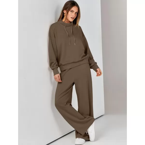imageANRABESS Womens 2 Piece Outfits Sweatsuit Set 2023 Fall Drawstring Sweatshirt Wide Leg Sweatpant Lounge Set TracksuitBrown