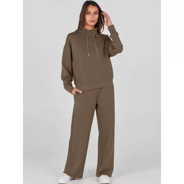 imageANRABESS Womens 2 Piece Outfits Sweatsuit Set 2023 Fall Drawstring Sweatshirt Wide Leg Sweatpant Lounge Set TracksuitBrown