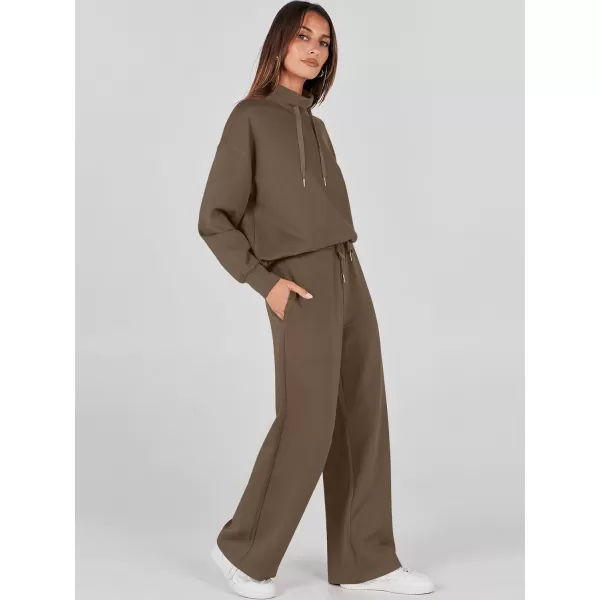 imageANRABESS Womens 2 Piece Outfits Sweatsuit Set 2023 Fall Drawstring Sweatshirt Wide Leg Sweatpant Lounge Set TracksuitBrown