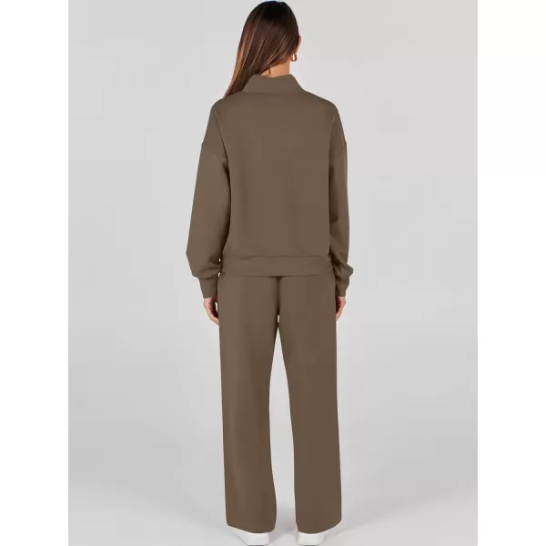 imageANRABESS Womens 2 Piece Outfits Sweatsuit Set 2023 Fall Drawstring Sweatshirt Wide Leg Sweatpant Lounge Set TracksuitBrown