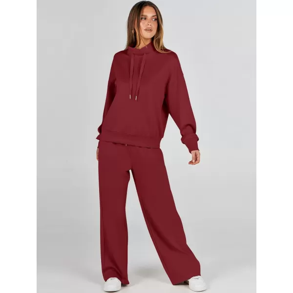imageANRABESS Womens 2 Piece Outfits Sweatsuit Set 2023 Fall Drawstring Sweatshirt Wide Leg Sweatpant Lounge Set TracksuitBurgundy
