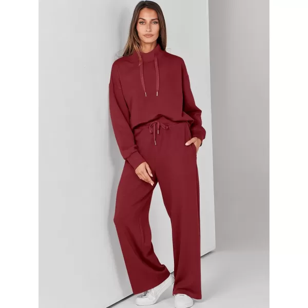 imageANRABESS Womens 2 Piece Outfits Sweatsuit Set 2023 Fall Drawstring Sweatshirt Wide Leg Sweatpant Lounge Set TracksuitBurgundy