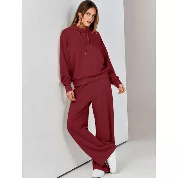 imageANRABESS Womens 2 Piece Outfits Sweatsuit Set 2023 Fall Drawstring Sweatshirt Wide Leg Sweatpant Lounge Set TracksuitBurgundy