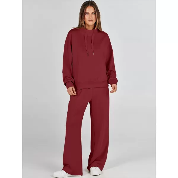 imageANRABESS Womens 2 Piece Outfits Sweatsuit Set 2023 Fall Drawstring Sweatshirt Wide Leg Sweatpant Lounge Set TracksuitBurgundy