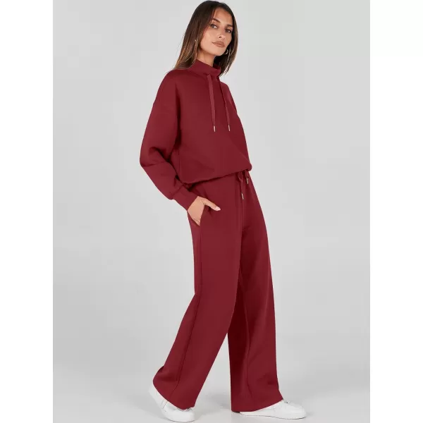 imageANRABESS Womens 2 Piece Outfits Sweatsuit Set 2023 Fall Drawstring Sweatshirt Wide Leg Sweatpant Lounge Set TracksuitBurgundy