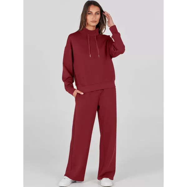 imageANRABESS Womens 2 Piece Outfits Sweatsuit Set 2023 Fall Drawstring Sweatshirt Wide Leg Sweatpant Lounge Set TracksuitBurgundy