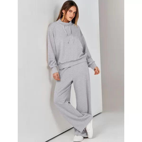 imageANRABESS Womens 2 Piece Outfits Sweatsuit Set 2023 Fall Drawstring Sweatshirt Wide Leg Sweatpant Lounge Set TracksuitGrey