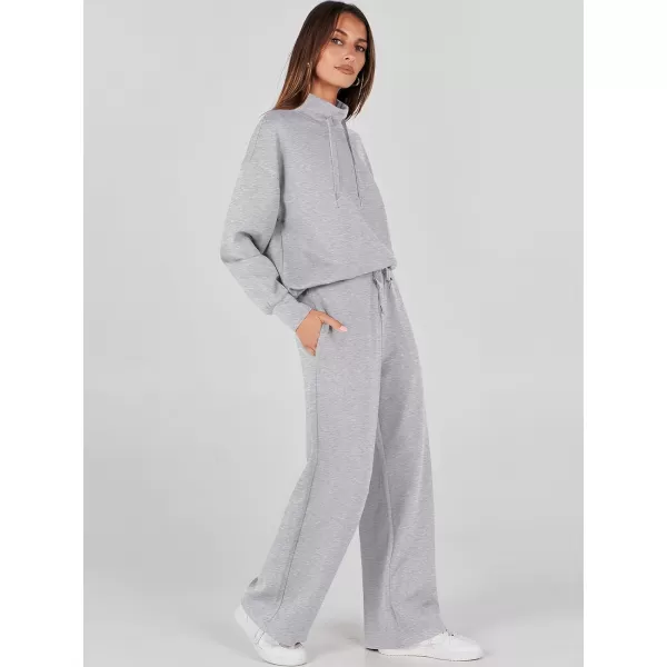 imageANRABESS Womens 2 Piece Outfits Sweatsuit Set 2023 Fall Drawstring Sweatshirt Wide Leg Sweatpant Lounge Set TracksuitGrey