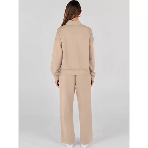 imageANRABESS Womens 2 Piece Outfits Sweatsuit Set 2023 Fall Drawstring Sweatshirt Wide Leg Sweatpant Lounge Set TracksuitKhaki