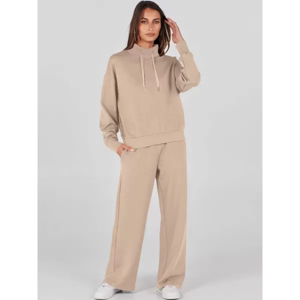 imageANRABESS Womens 2 Piece Outfits Sweatsuit Set 2023 Fall Drawstring Sweatshirt Wide Leg Sweatpant Lounge Set TracksuitKhaki