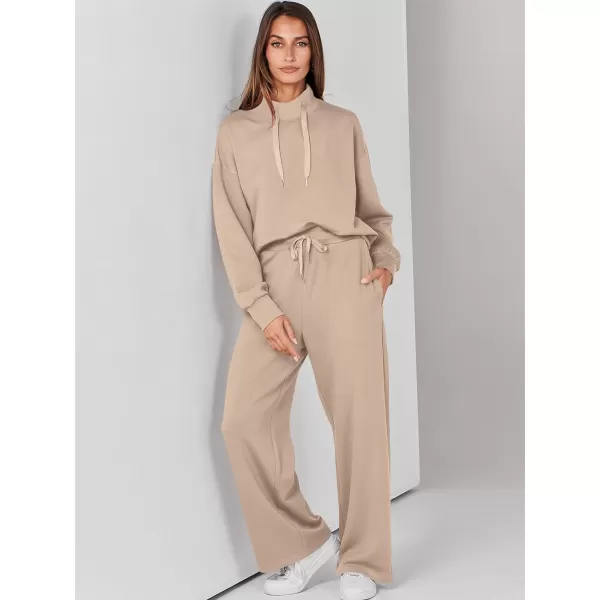 imageANRABESS Womens 2 Piece Outfits Sweatsuit Set 2023 Fall Drawstring Sweatshirt Wide Leg Sweatpant Lounge Set TracksuitKhaki