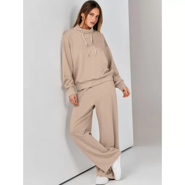 imageANRABESS Womens 2 Piece Outfits Sweatsuit Set 2023 Fall Drawstring Sweatshirt Wide Leg Sweatpant Lounge Set TracksuitKhaki