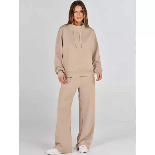 imageANRABESS Womens 2 Piece Outfits Sweatsuit Set 2023 Fall Drawstring Sweatshirt Wide Leg Sweatpant Lounge Set TracksuitKhaki