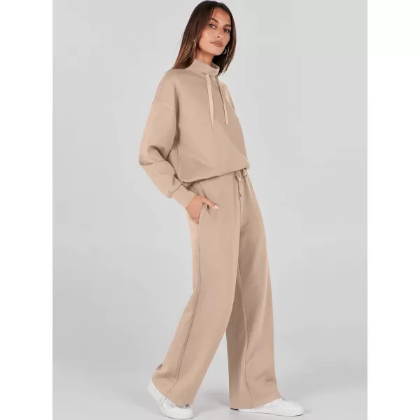 imageANRABESS Womens 2 Piece Outfits Sweatsuit Set 2023 Fall Drawstring Sweatshirt Wide Leg Sweatpant Lounge Set TracksuitKhaki