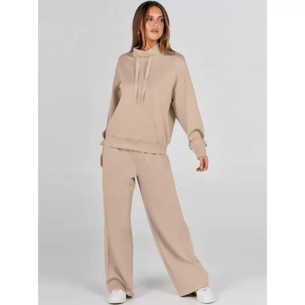imageANRABESS Womens 2 Piece Outfits Sweatsuit Set 2023 Fall Drawstring Sweatshirt Wide Leg Sweatpant Lounge Set TracksuitKhaki