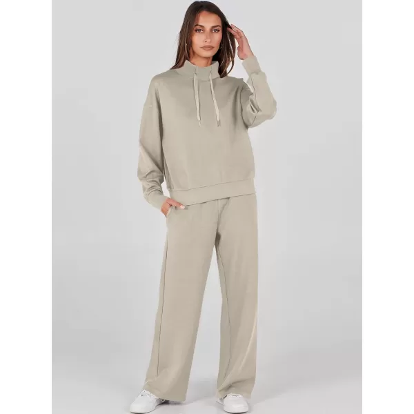 imageANRABESS Womens 2 Piece Outfits Sweatsuit Set 2023 Fall Drawstring Sweatshirt Wide Leg Sweatpant Lounge Set TracksuitLight Khaki