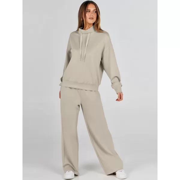 imageANRABESS Womens 2 Piece Outfits Sweatsuit Set 2023 Fall Drawstring Sweatshirt Wide Leg Sweatpant Lounge Set TracksuitLight Khaki