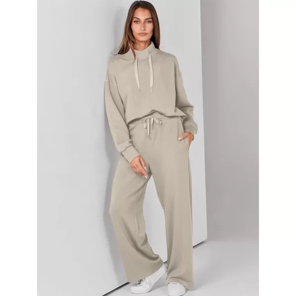 imageANRABESS Womens 2 Piece Outfits Sweatsuit Set 2023 Fall Drawstring Sweatshirt Wide Leg Sweatpant Lounge Set TracksuitLight Khaki