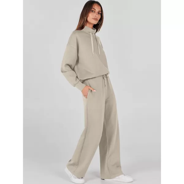imageANRABESS Womens 2 Piece Outfits Sweatsuit Set 2023 Fall Drawstring Sweatshirt Wide Leg Sweatpant Lounge Set TracksuitLight Khaki