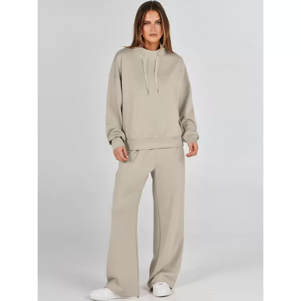 imageANRABESS Womens 2 Piece Outfits Sweatsuit Set 2023 Fall Drawstring Sweatshirt Wide Leg Sweatpant Lounge Set TracksuitLight Khaki
