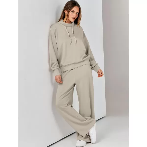 imageANRABESS Womens 2 Piece Outfits Sweatsuit Set 2023 Fall Drawstring Sweatshirt Wide Leg Sweatpant Lounge Set TracksuitLight Khaki