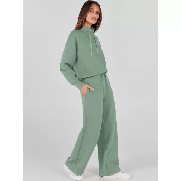 imageANRABESS Womens 2 Piece Outfits Sweatsuit Set 2023 Fall Drawstring Sweatshirt Wide Leg Sweatpant Lounge Set TracksuitPea Green
