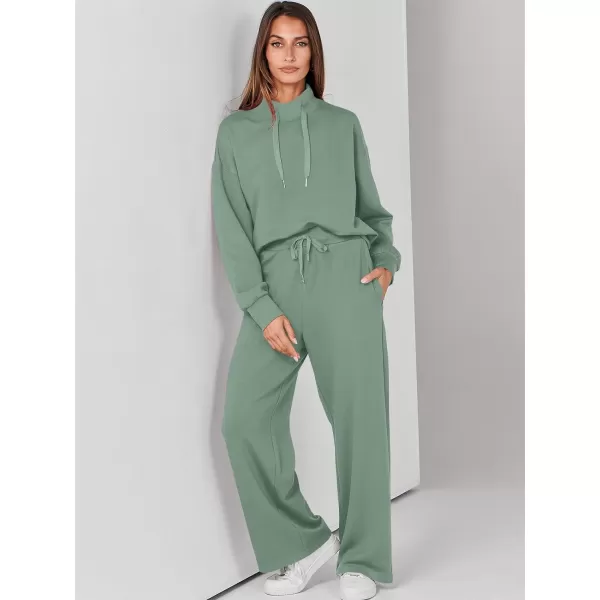 imageANRABESS Womens 2 Piece Outfits Sweatsuit Set 2023 Fall Drawstring Sweatshirt Wide Leg Sweatpant Lounge Set TracksuitPea Green