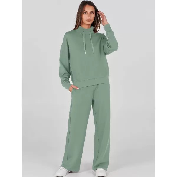 imageANRABESS Womens 2 Piece Outfits Sweatsuit Set 2023 Fall Drawstring Sweatshirt Wide Leg Sweatpant Lounge Set TracksuitPea Green