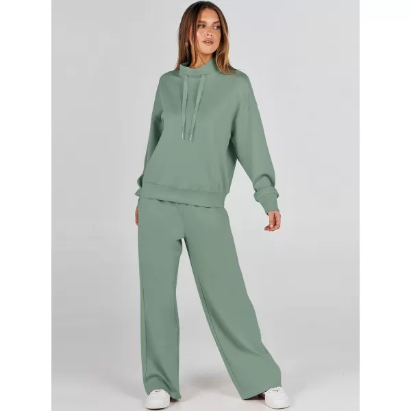imageANRABESS Womens 2 Piece Outfits Sweatsuit Set 2023 Fall Drawstring Sweatshirt Wide Leg Sweatpant Lounge Set TracksuitPea Green