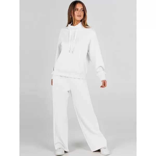 imageANRABESS Womens 2 Piece Outfits Sweatsuit Set 2023 Fall Drawstring Sweatshirt Wide Leg Sweatpant Lounge Set TracksuitWhite