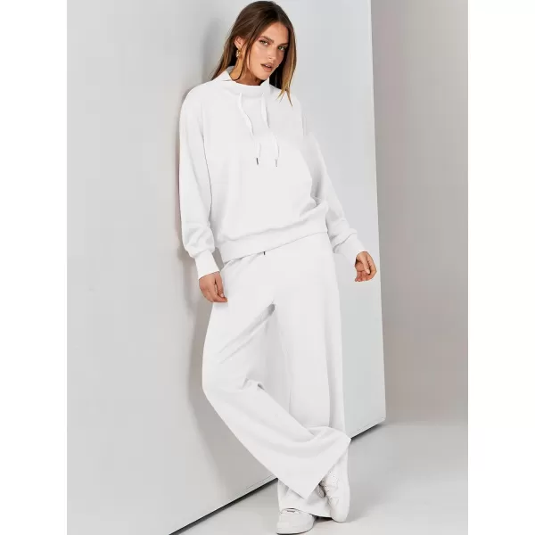 imageANRABESS Womens 2 Piece Outfits Sweatsuit Set 2023 Fall Drawstring Sweatshirt Wide Leg Sweatpant Lounge Set TracksuitWhite