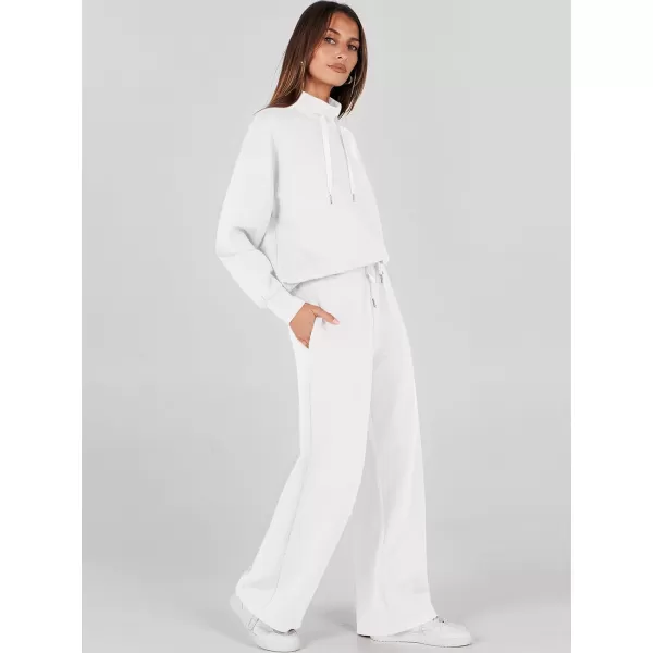 imageANRABESS Womens 2 Piece Outfits Sweatsuit Set 2023 Fall Drawstring Sweatshirt Wide Leg Sweatpant Lounge Set TracksuitWhite