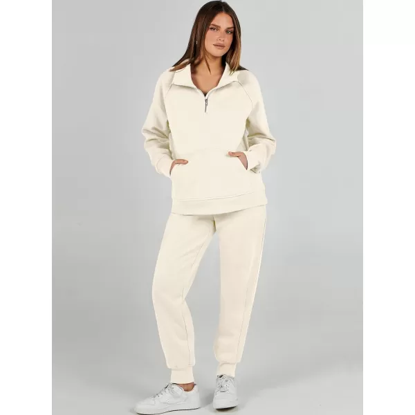 imageANRABESS Womens 2 Piece Outfits Sweatsuit Set Quarter Zip Long Sleeve Sweatshirt Jogger Sweatpants Tracksuit Lounge SetApricot