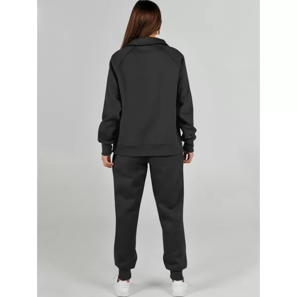 imageANRABESS Womens 2 Piece Outfits Sweatsuit Set Quarter Zip Long Sleeve Sweatshirt Jogger Sweatpants Tracksuit Lounge SetBlack