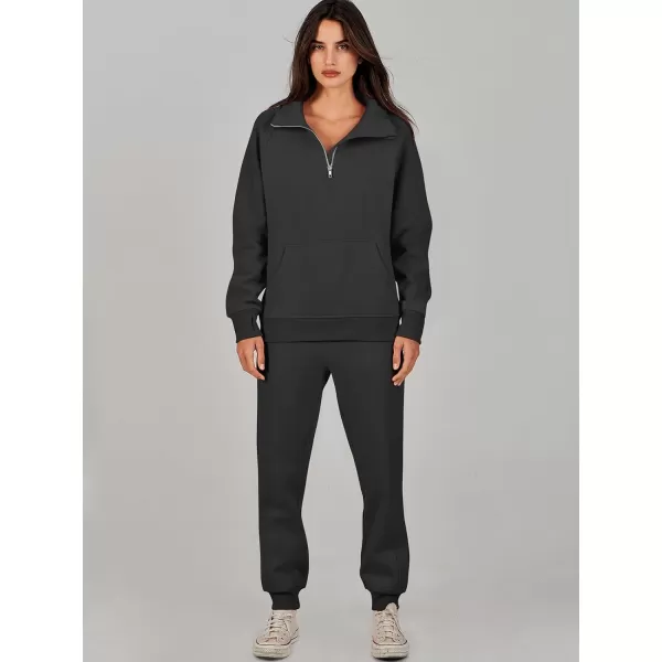 imageANRABESS Womens 2 Piece Outfits Sweatsuit Set Quarter Zip Long Sleeve Sweatshirt Jogger Sweatpants Tracksuit Lounge SetBlack