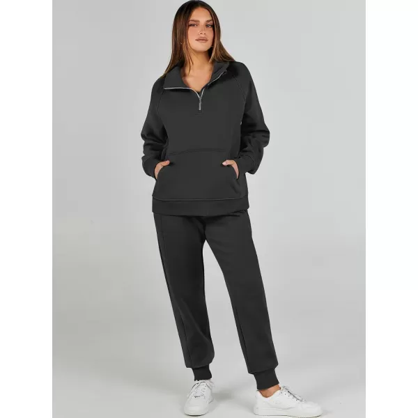 imageANRABESS Womens 2 Piece Outfits Sweatsuit Set Quarter Zip Long Sleeve Sweatshirt Jogger Sweatpants Tracksuit Lounge SetBlack