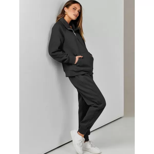 imageANRABESS Womens 2 Piece Outfits Sweatsuit Set Quarter Zip Long Sleeve Sweatshirt Jogger Sweatpants Tracksuit Lounge SetBlack