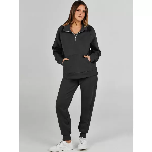 imageANRABESS Womens 2 Piece Outfits Sweatsuit Set Quarter Zip Long Sleeve Sweatshirt Jogger Sweatpants Tracksuit Lounge SetBlack