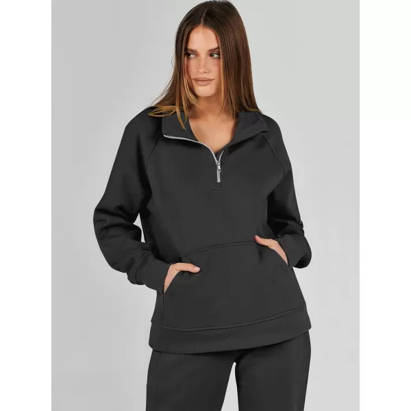 imageANRABESS Womens 2 Piece Outfits Sweatsuit Set Quarter Zip Long Sleeve Sweatshirt Jogger Sweatpants Tracksuit Lounge SetBlack