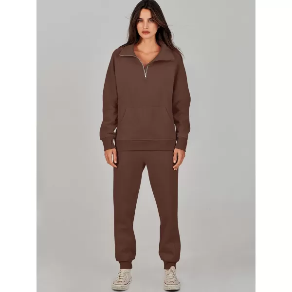 imageANRABESS Womens 2 Piece Outfits Sweatsuit Set Quarter Zip Long Sleeve Sweatshirt Jogger Sweatpants Tracksuit Lounge SetCoffee