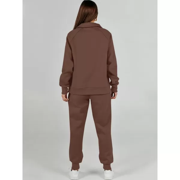 imageANRABESS Womens 2 Piece Outfits Sweatsuit Set Quarter Zip Long Sleeve Sweatshirt Jogger Sweatpants Tracksuit Lounge SetCoffee