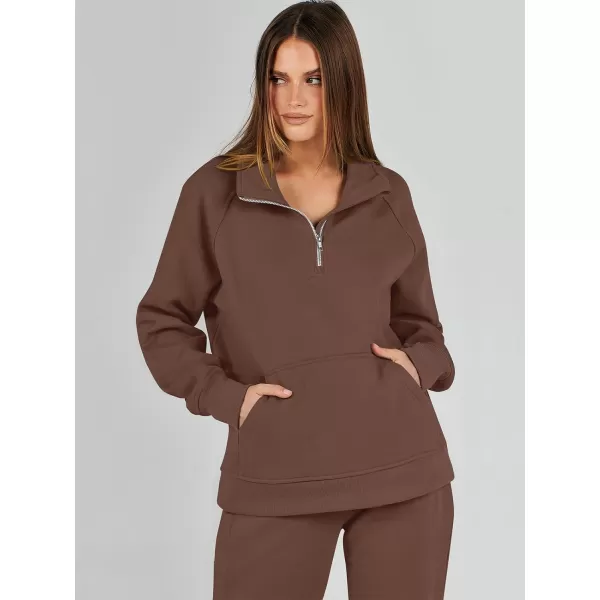 imageANRABESS Womens 2 Piece Outfits Sweatsuit Set Quarter Zip Long Sleeve Sweatshirt Jogger Sweatpants Tracksuit Lounge SetCoffee